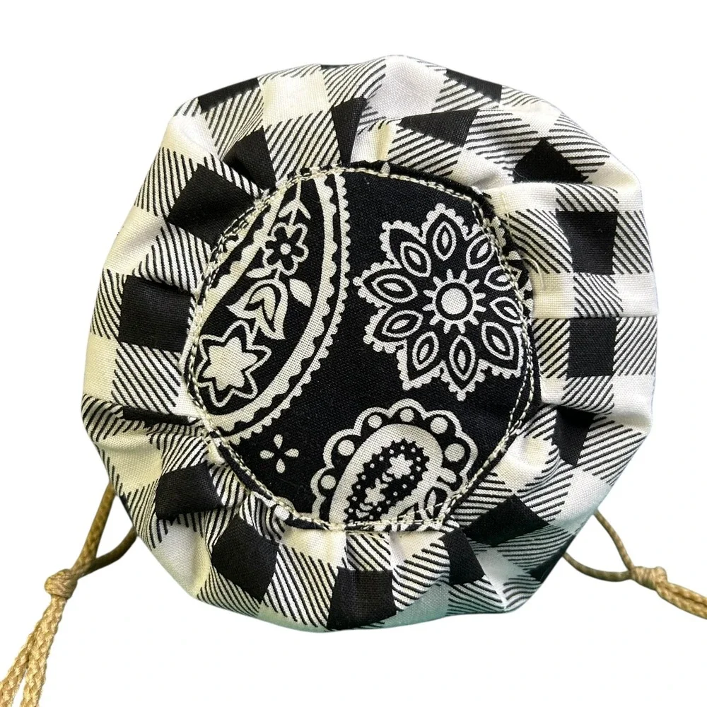 Black White Paisley Buffalo Check Drawstring Satchel Wristlet Bag Handmade NEW